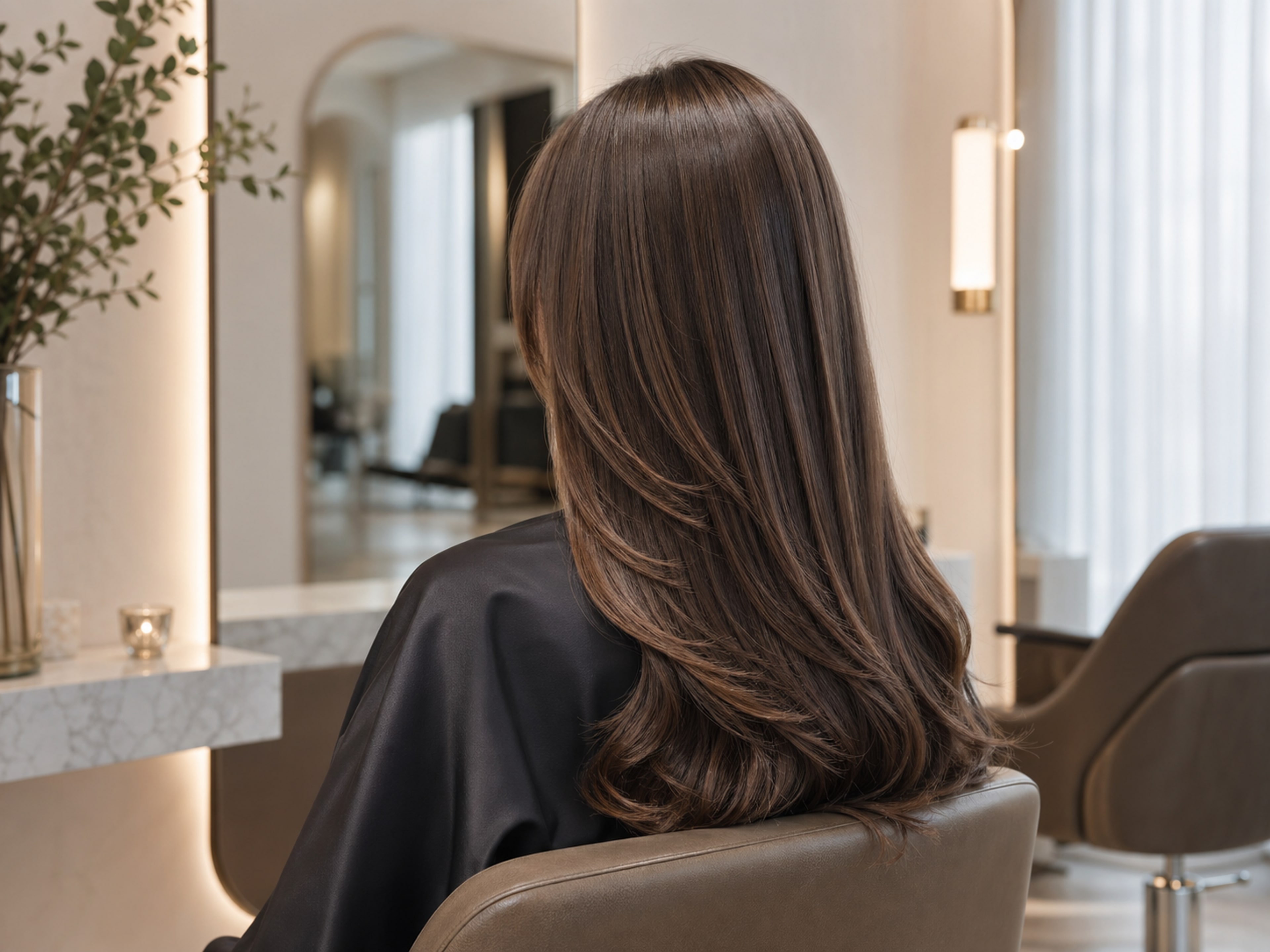Modern salon client with glossy brunette hair